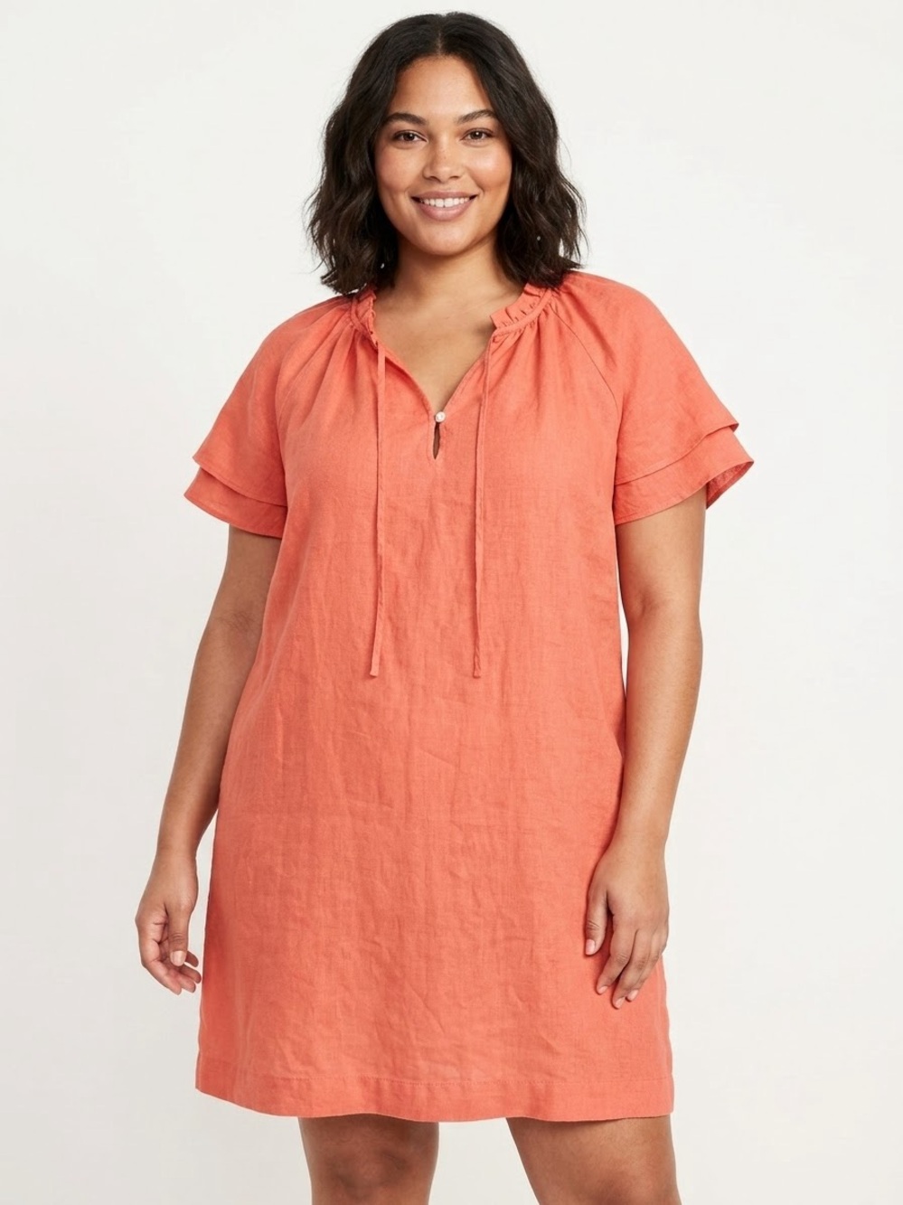 Treasure & Bond Linen Blend Coral Ruffle Neck Flutter Sleeve Mini Dress L